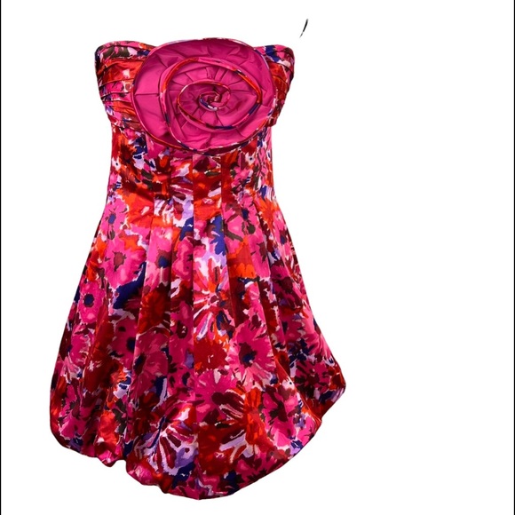 NWT BCBGMaxAzria Pink Floral Begonia Bubble Hem Cocktail Dress Strapless Size 0 - Picture 5 of 16